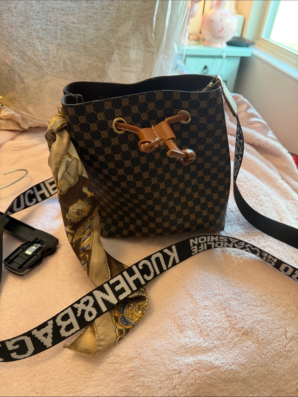 Designer-Style Brown Monogram small Bucket Bag with Tan Trim